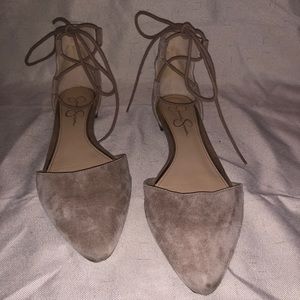 Tan suede tie-up pointed flats